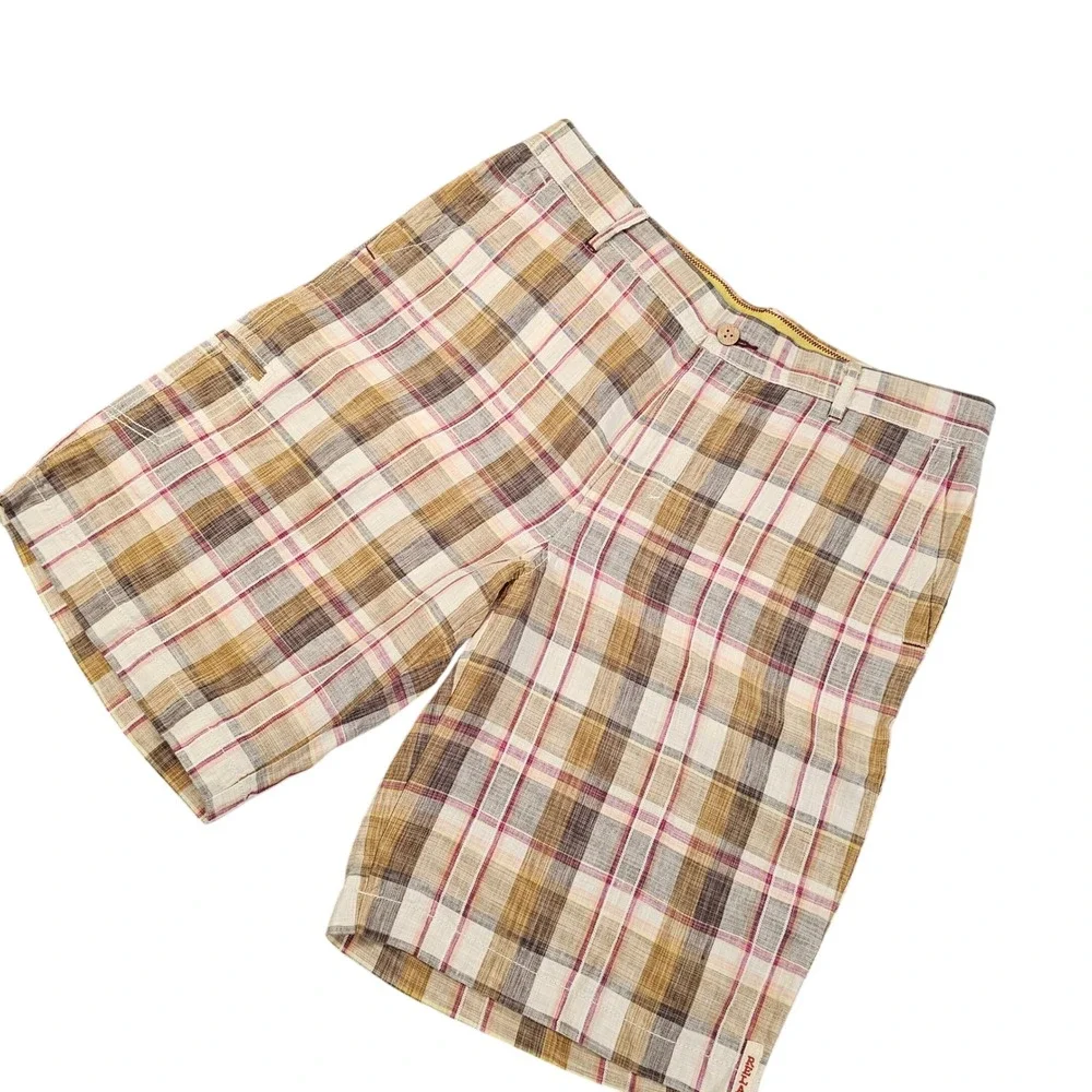 Tommy Bahama Relax Mens 34‎ Tartan Plaid 100% Linen Flat Front Shorts Tropical